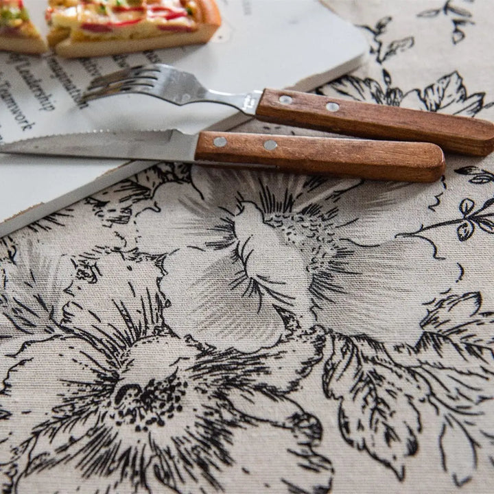 Elegant Floral Cotton Linen Round Tablecloth with Tassels