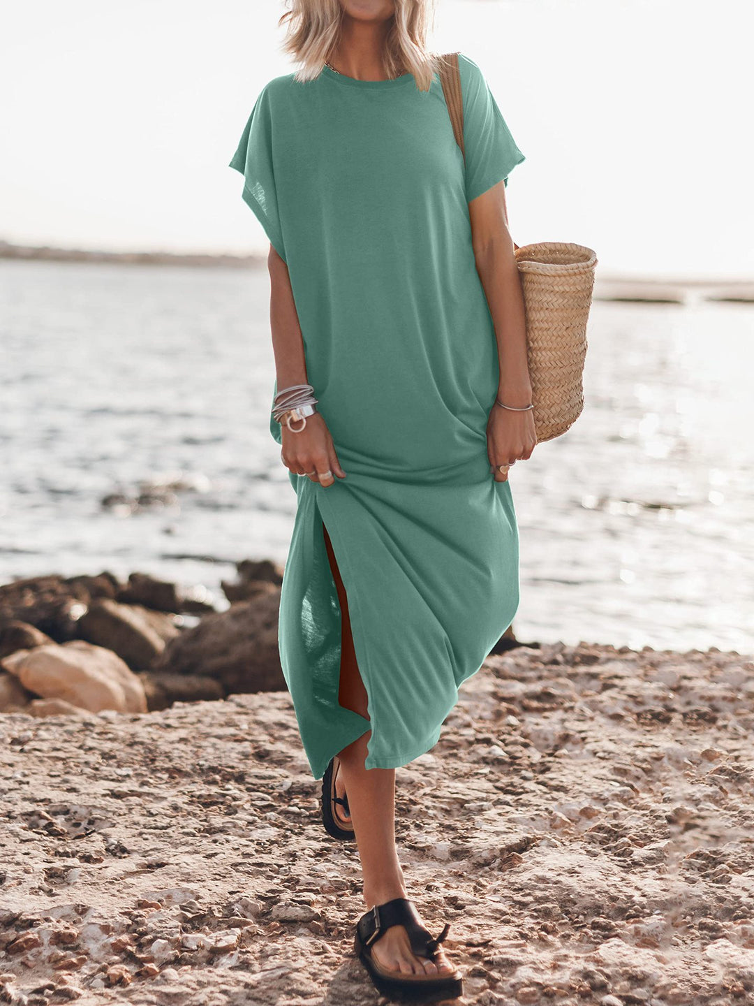 Short Sleeve Split Crew Neck Casual Loose Beach Dress