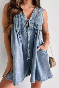 V-neck Sleeveless Denim Shorts Jumpsuit With Pockets Summer Fashion Loose Beach Pants