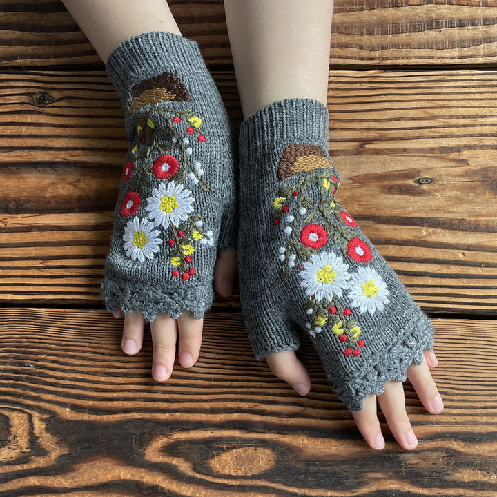 Potted Little Red Flower Long Warm Women's Knitted Gloves