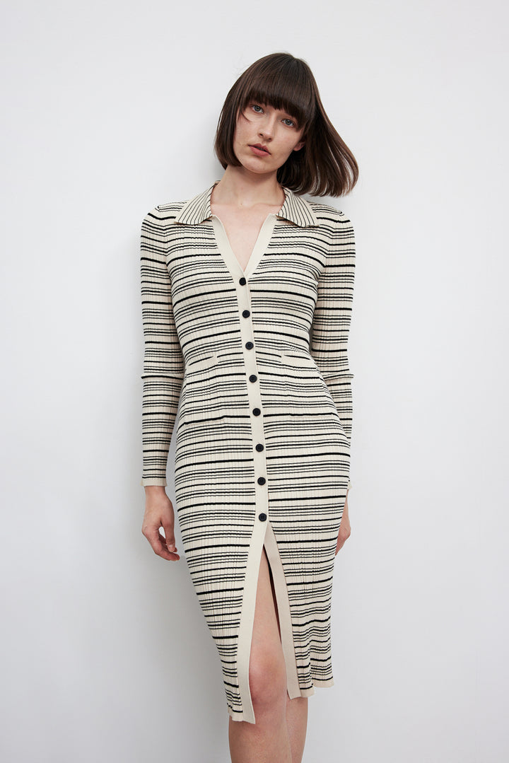 French Style Skinny Dress with Striped Lapel