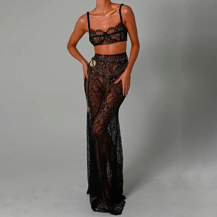 Elegant Lace Two-Piece Skirt Set - Sheath Crop Top with Maxi Skirt for Parties and Beach