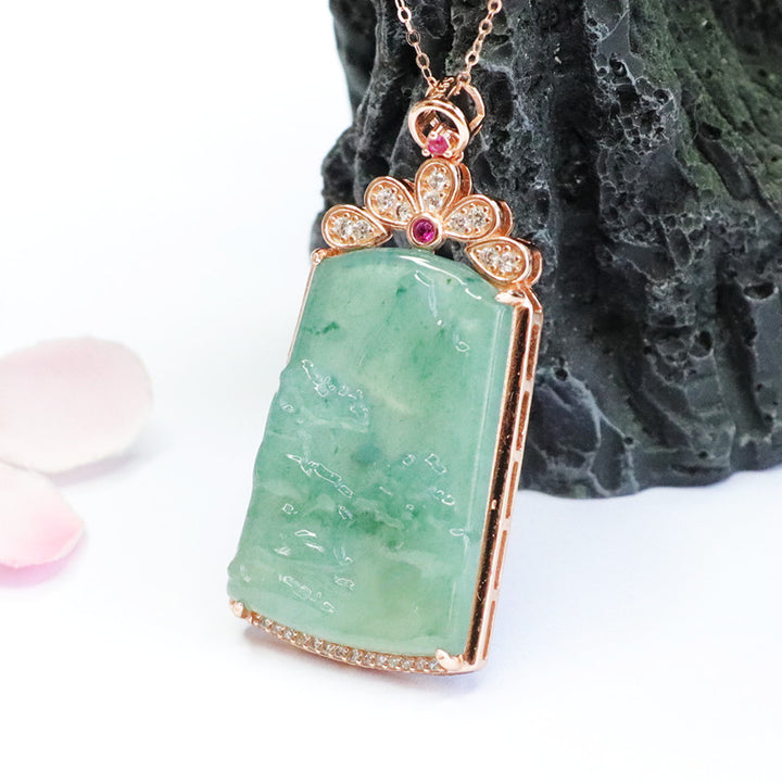 Silver Inlaid Natural Jade Pendant Necklace