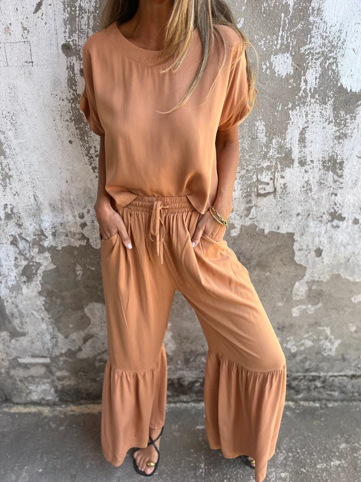 Short-sleeved Suit Summer Round Neck Pullover Top And Drawstring Wide-leg Pants Fashion Set For Women Clothing