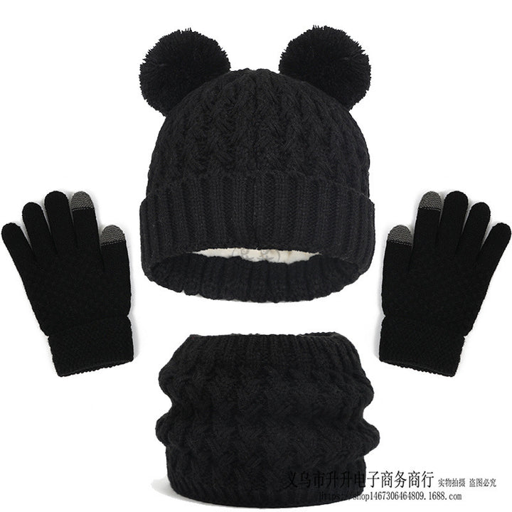 Children's Autumn And Winter Fleece-lined Thickened Double Ball Hat Scarf Gloves Three-piece Set