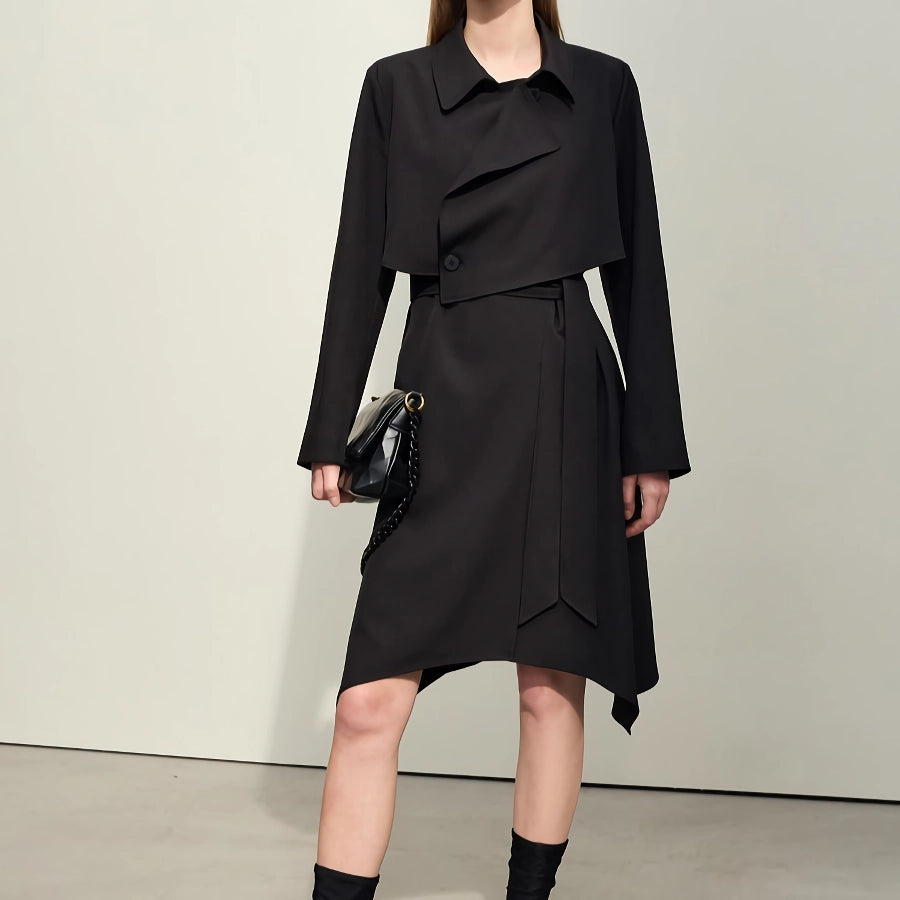 Chic Minimalist Two-Piece Trench Coat with Irregular Hem and Belt for Women