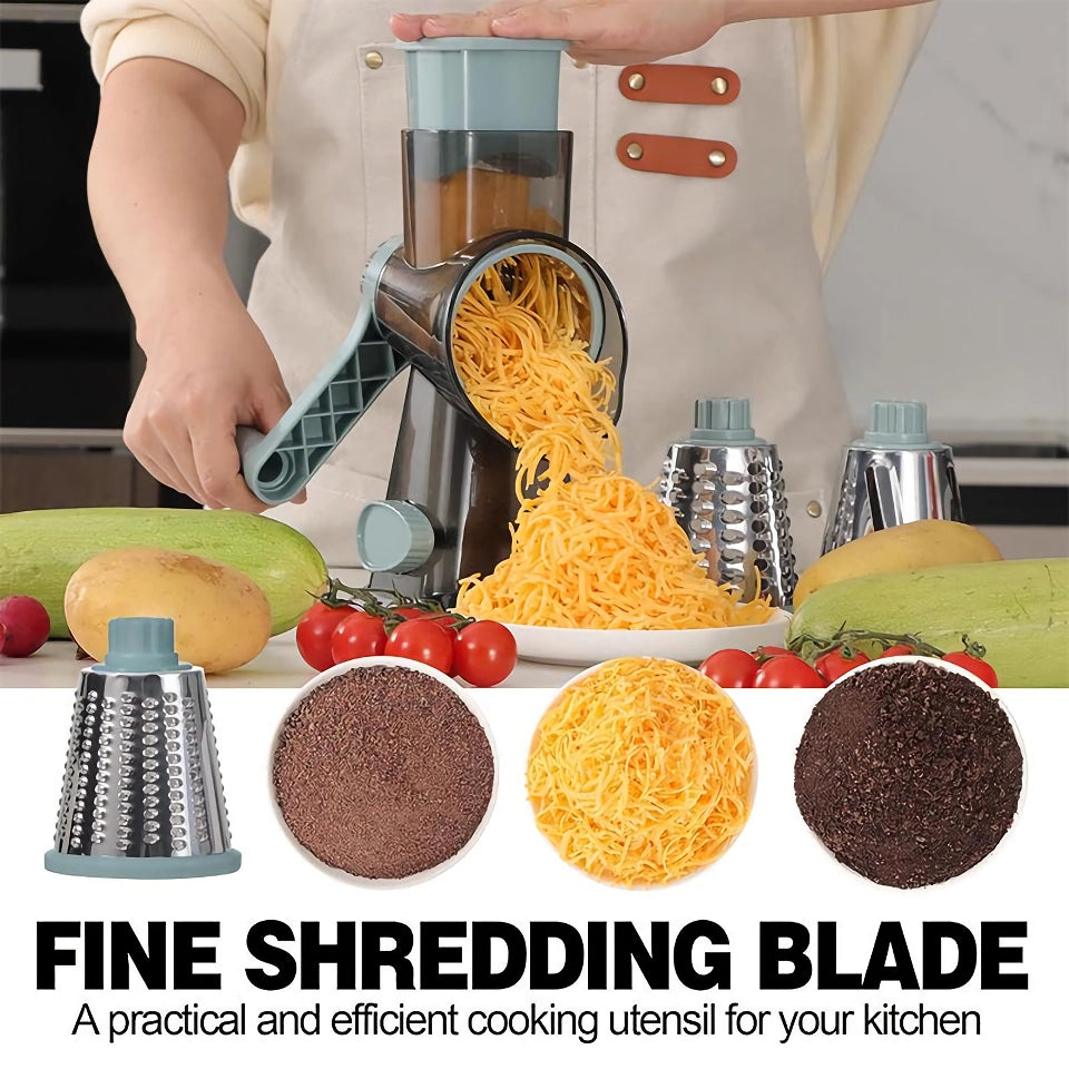 3-in-1 Rotary Cheese Grater & Versatile Vegetable Slicer with Stainless Steel Blades