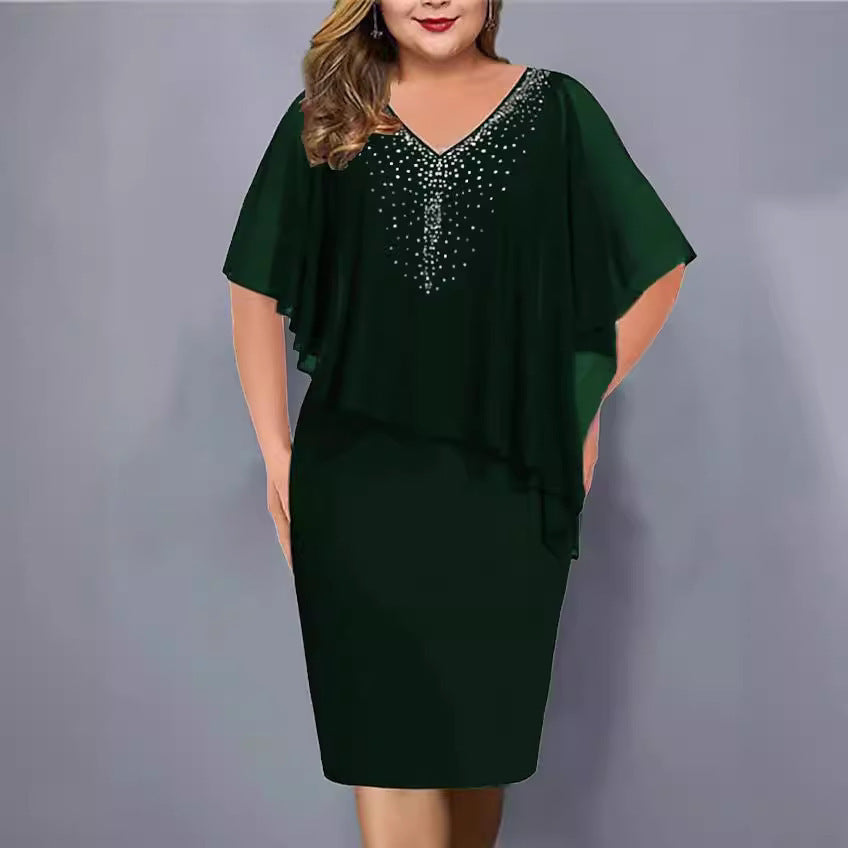 Plus Size Women's Chiffon Stitching Rhinestone Irregular Half Sleeve Dress