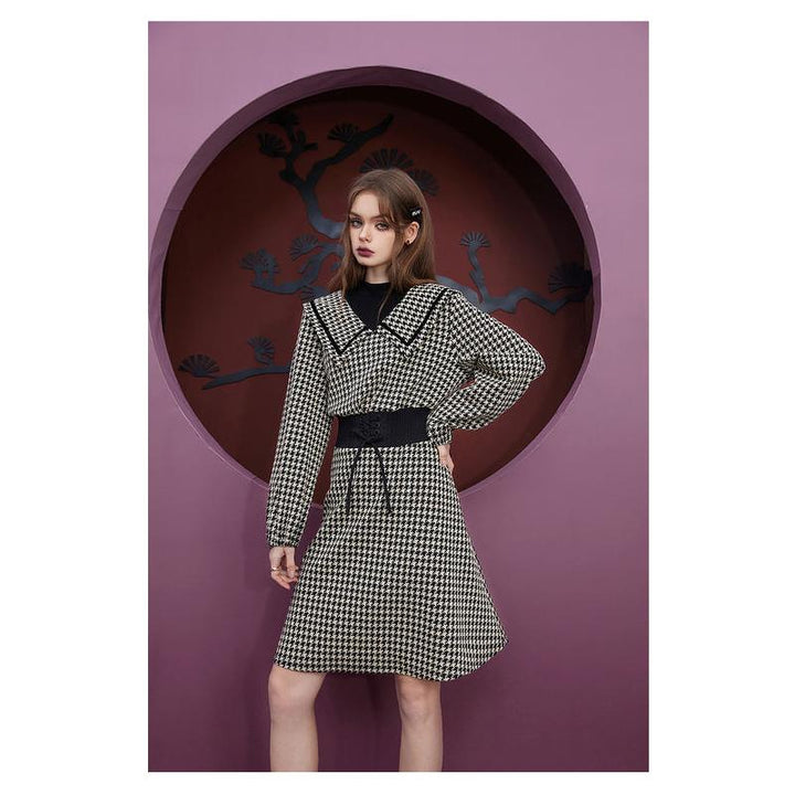 Retro Plaid Long Sleeve Knee-Length Dress