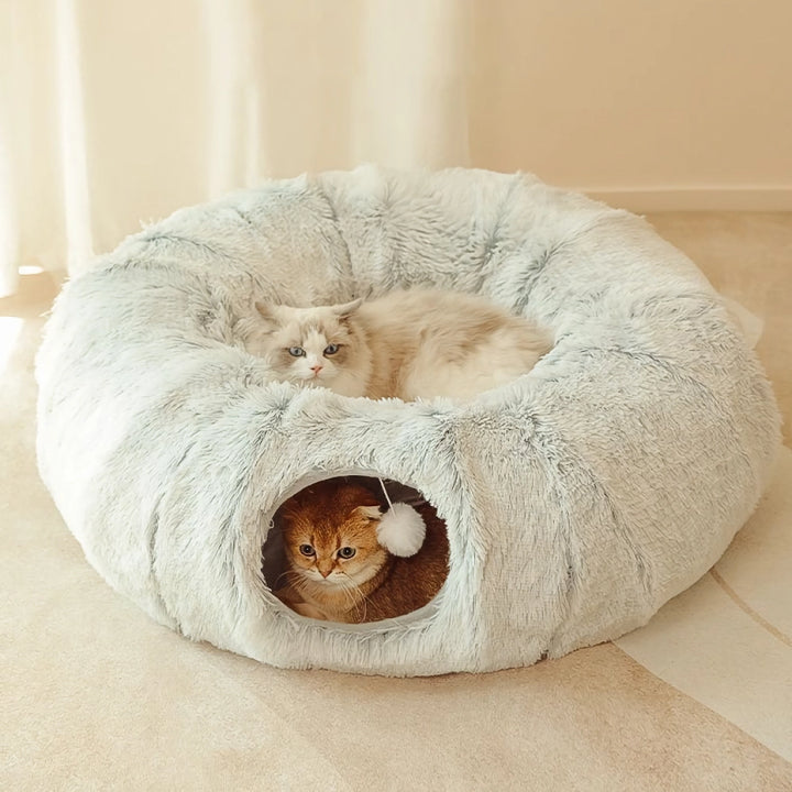 Cozy Cat Tunnel Bed with Plush Cushion – Multifunctional Foldable Nest for Indoor Cats