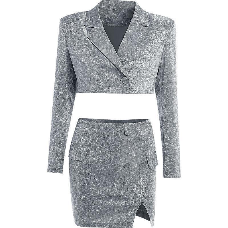 Sexy Cutout V-neck Long Sleeve Slim-fit Shiny Suit Top Skirt Two-piece Suit