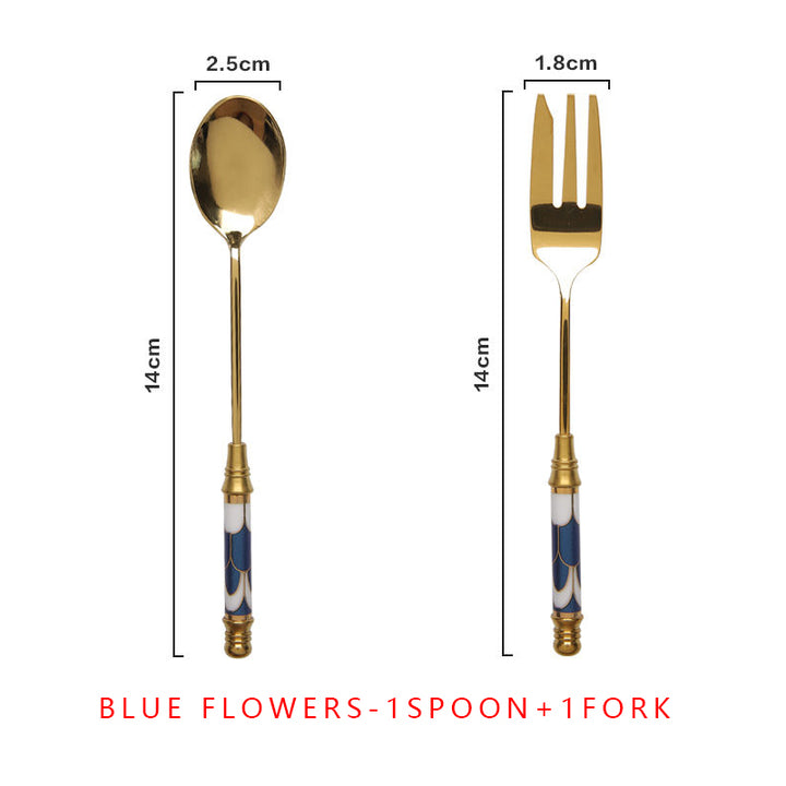 Elegant Vintage Gold and Ceramic Coffee Dessert Fork and Spoon Set