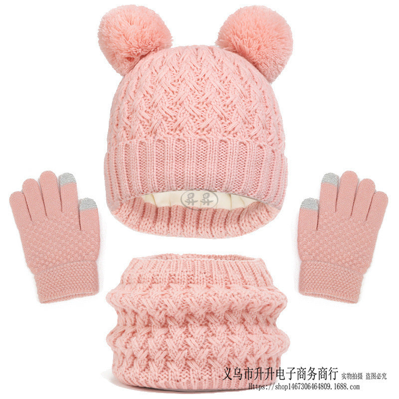 Children's Autumn And Winter Fleece-lined Thickened Double Ball Hat Scarf Gloves Three-piece Set