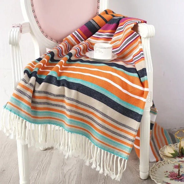 Boho Stripe Knitted Throw Blanket with Tassels