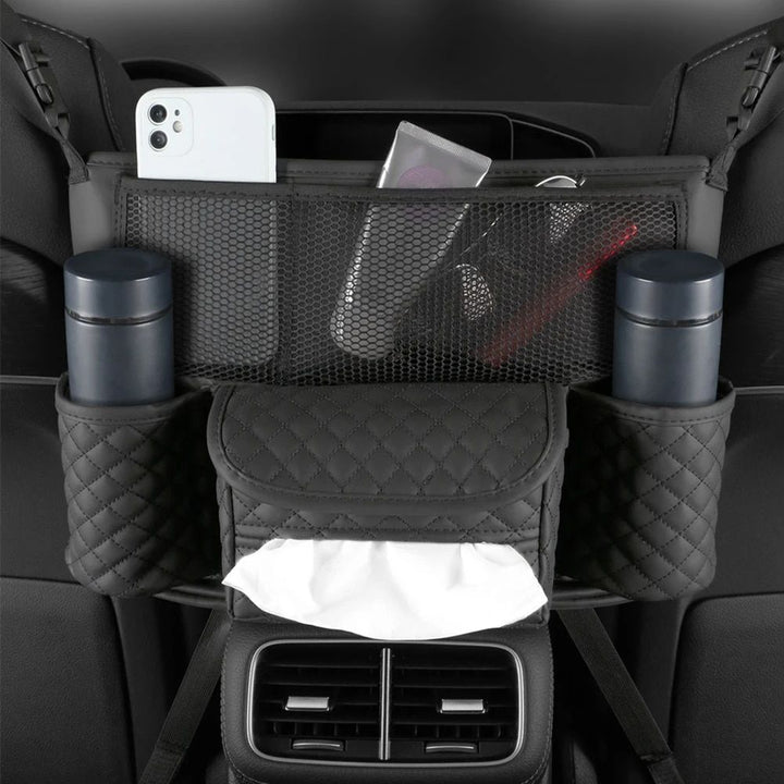 Luxurious Leather Car Seat Storage Bag with Drink Holders