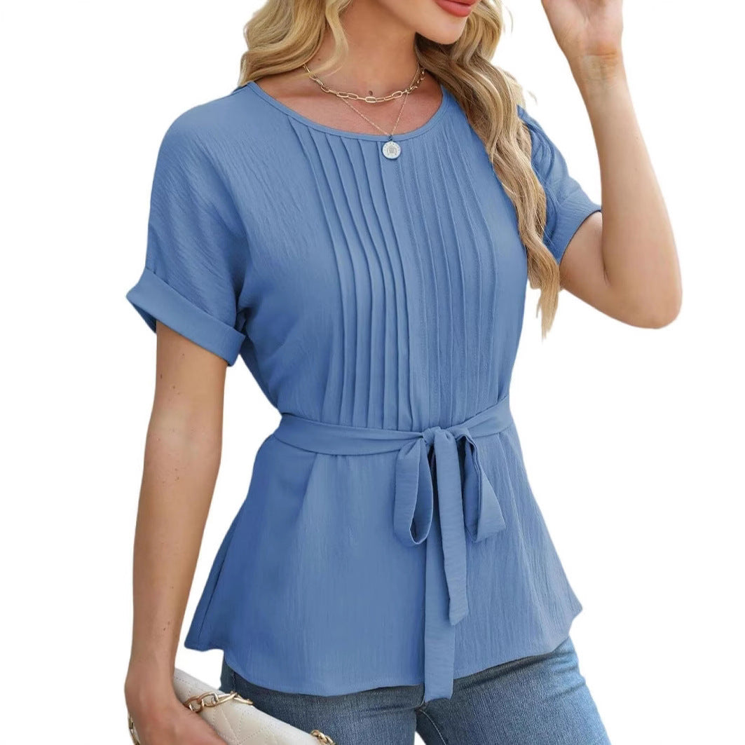 Casual Shirt Ruffled Pleated Round Neck Short Sleeve Top