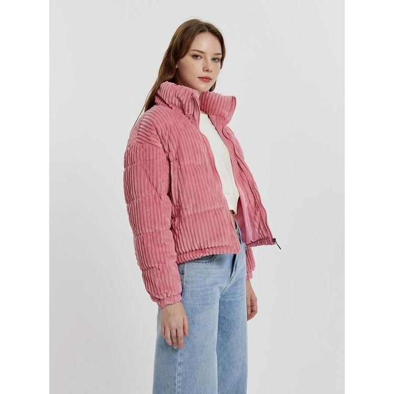 Pink Striped Corduroy Women Turtleneck Puffer Jacket