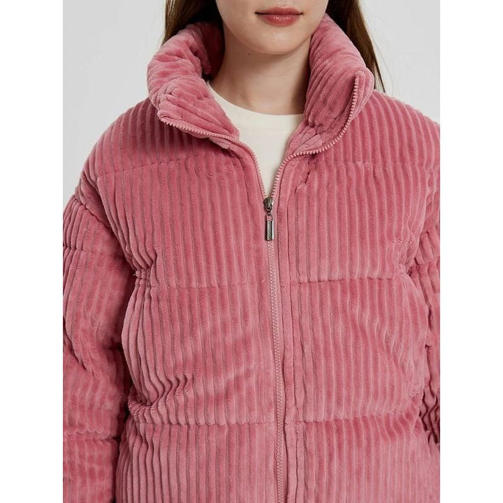 Pink Striped Corduroy Women Turtleneck Puffer Jacket