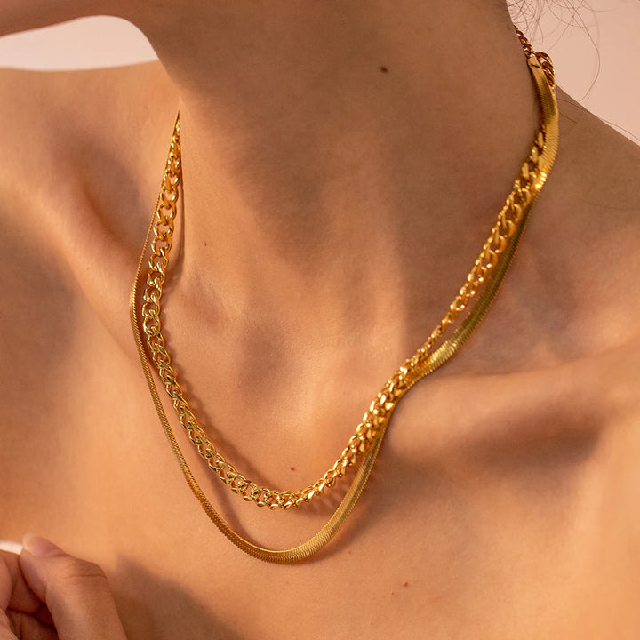 18K Gold Plated Stainless Steel Double Layer Cuban Chain Necklace