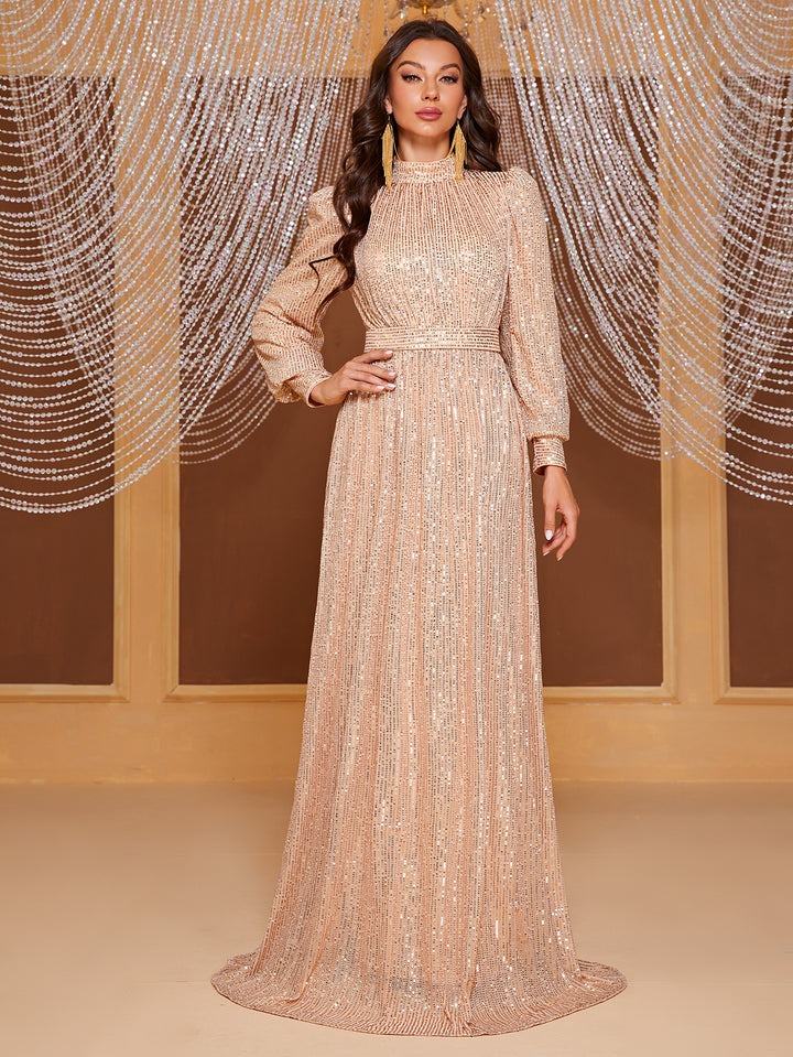 Pure Color Sequins Long Sleeve Stand Collar Evening Long Dress Simple And Elegant