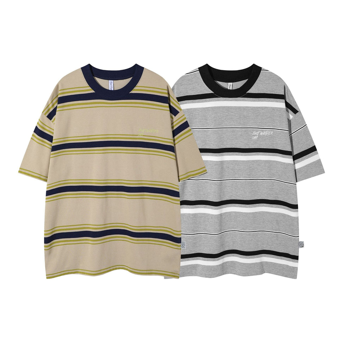 Vintage Stripe Round Neck T-shirt Men's Loose Preppy Style Couple All-match Fashion Half Sleeve Shirt