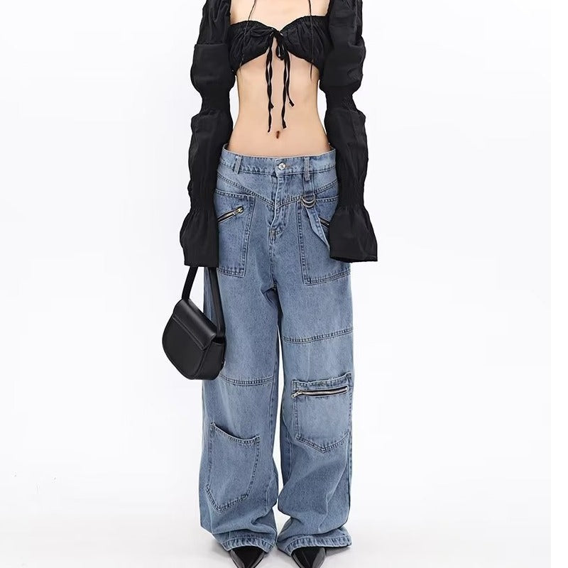 Zipper Multi-pocket Loose High Waist Wide Leg Straight Jeans