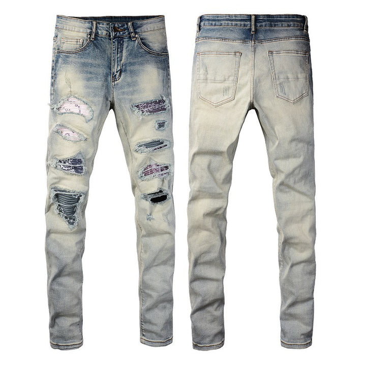 Men's Broken Holes Pants High Street Fashion Brand Patch Beggar Knee-exposed Jeans