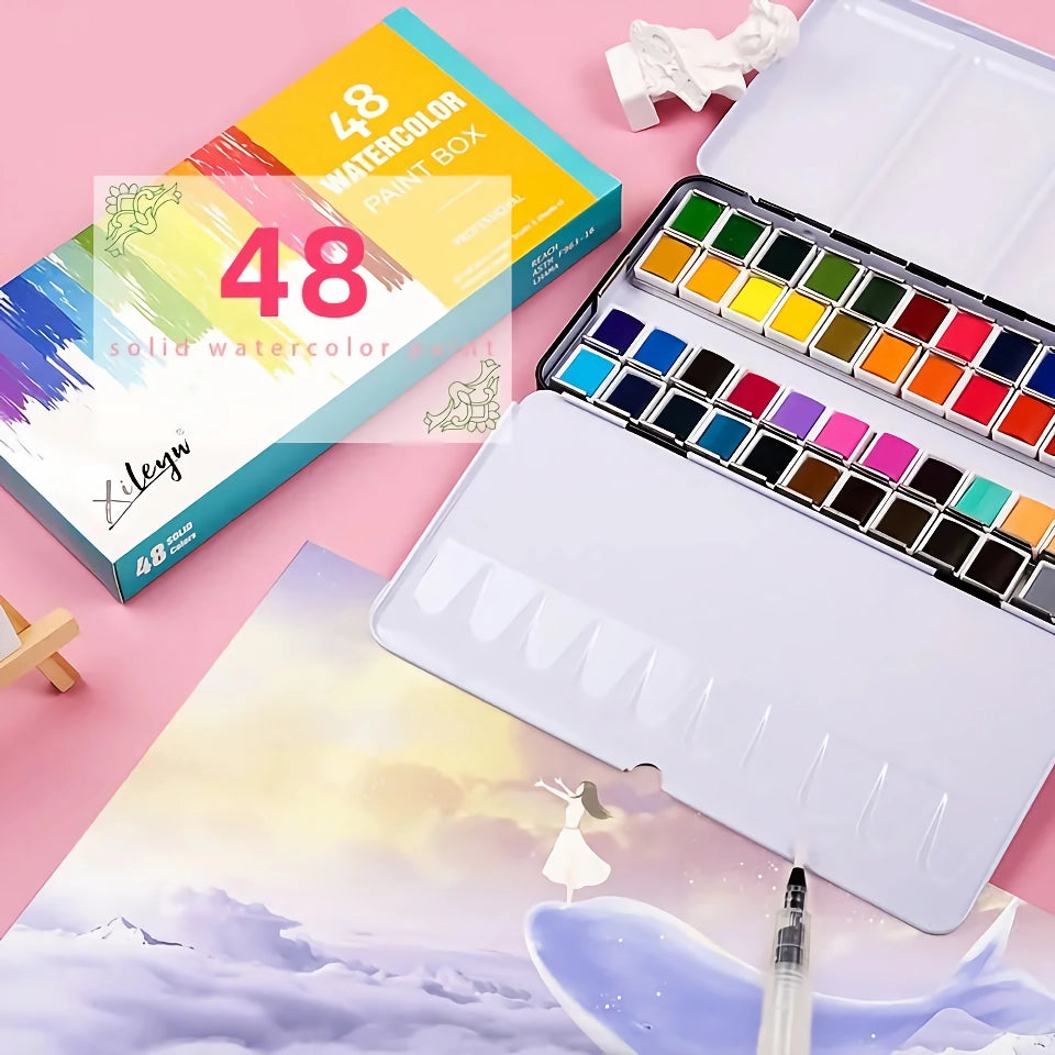 48 Colors Watercolor Paint Set with Water Brushes - Perfect for Artists & Beginners