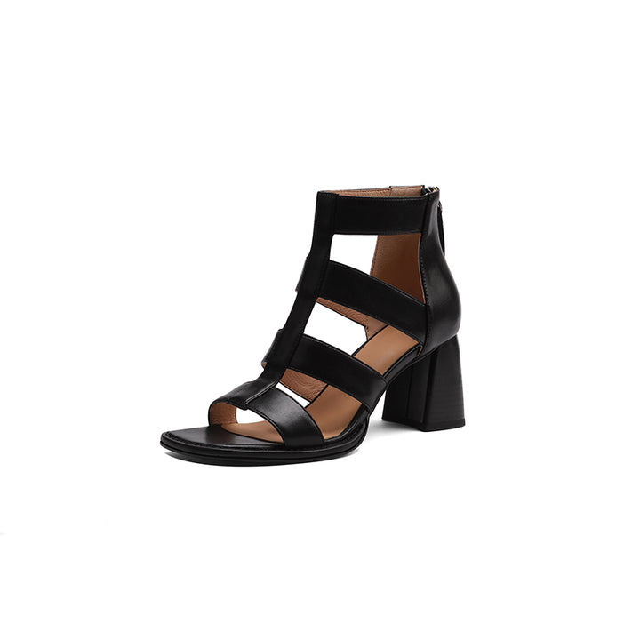 Luxurious Leather Gladiator Sandals with Square Heel and Buckle Strap