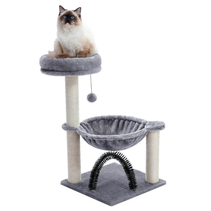 Compact Cat Tree Tower with Hammock, Scratching Post, and Plush Basket