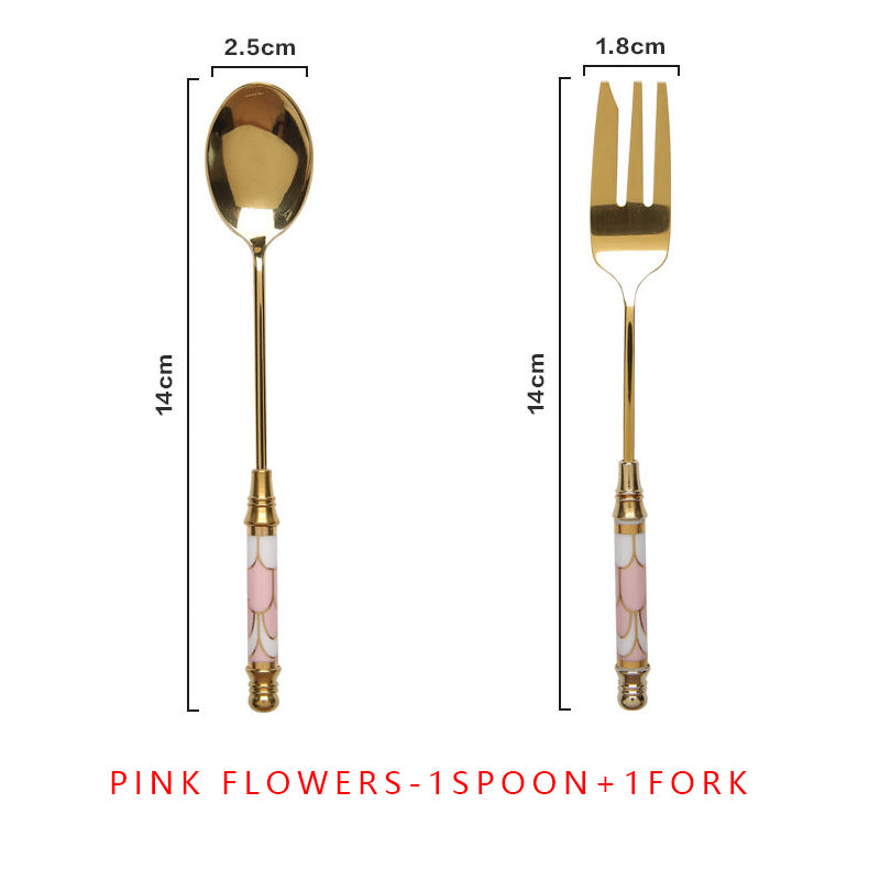 Elegant Vintage Gold and Ceramic Coffee Dessert Fork and Spoon Set