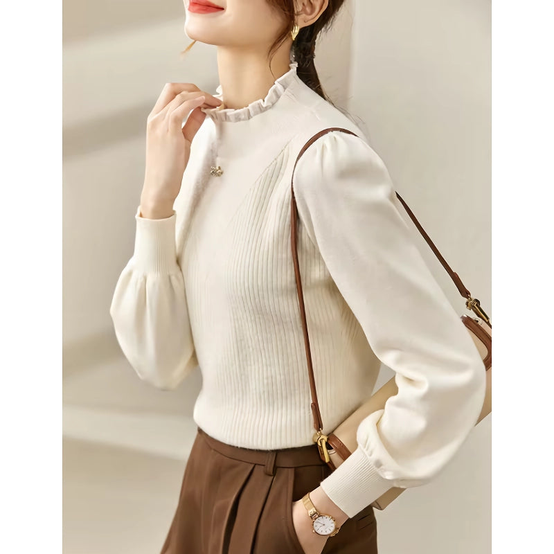 Elegant Puff Sleeve Knit Sweater with Love Brooch