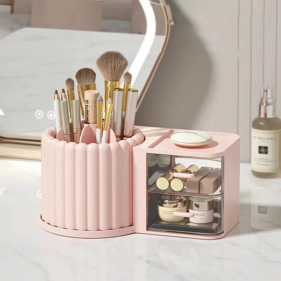 Makeup Storage Organizer with Brush Holder and Rotating Display