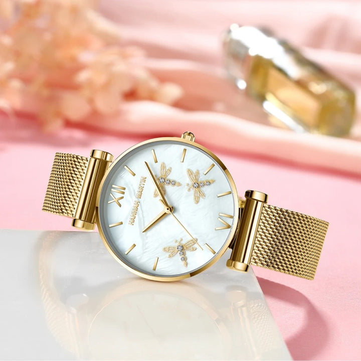 Dragonfly Design Watch with White Oyster Dial and Akoya Pearl Accents