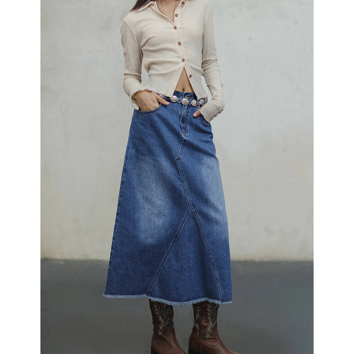 Vintage Washed Asymmetrical Denim A-line Skirt for Women