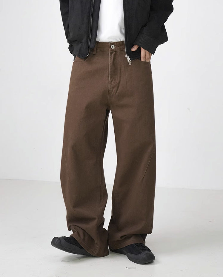 Washed Cotton Retro Brown Straight-leg Trousers