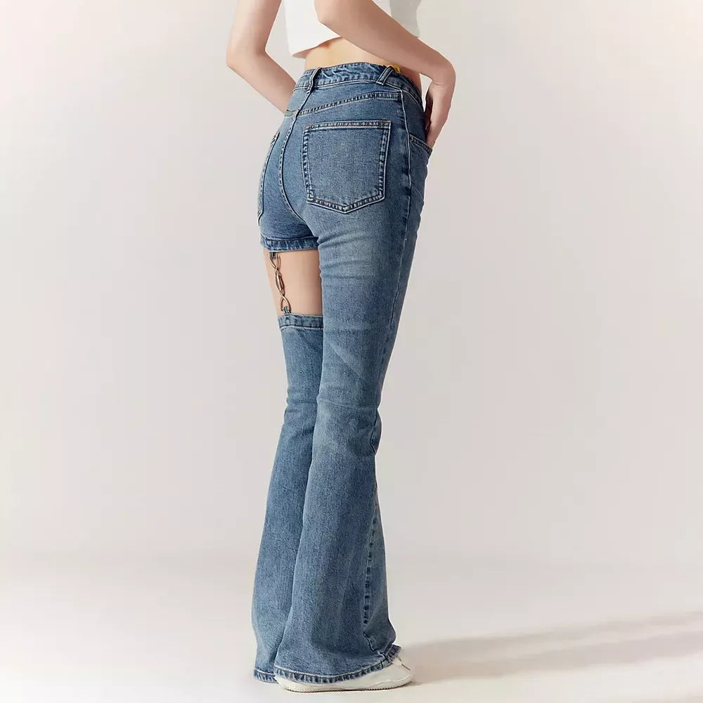 High Waist Hollow Out Chain Spliced Slim Flare Jeans