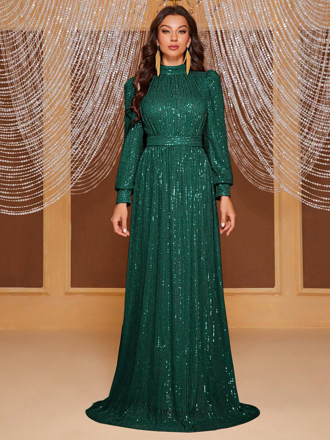 Pure Color Sequins Long Sleeve Stand Collar Evening Long Dress Simple And Elegant