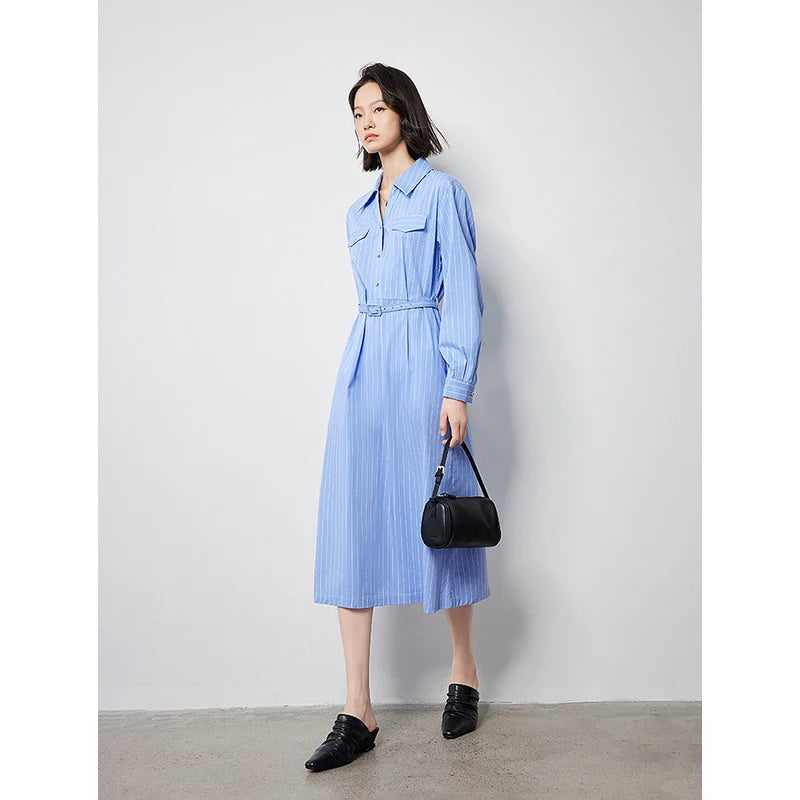 Women's Autumn Blue and White Striped A-Line Shirt Dress