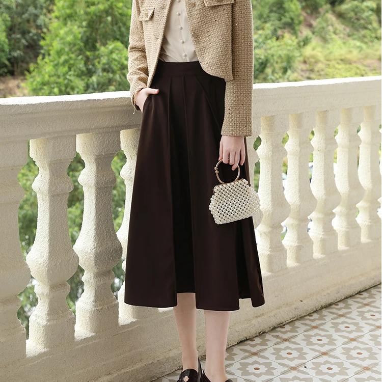 Elegant Brown High Waist A-Line Pocket Skirt