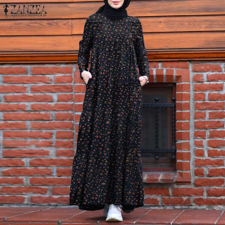 Women Vintage Plaid round Neck Kaftan Casual Long Sleeve Maxi Dresses with Pocket