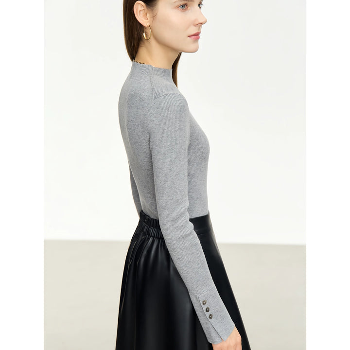 Minimalist Mock Neck Sweater with Slit Cuffs and Metal Buckle for Women