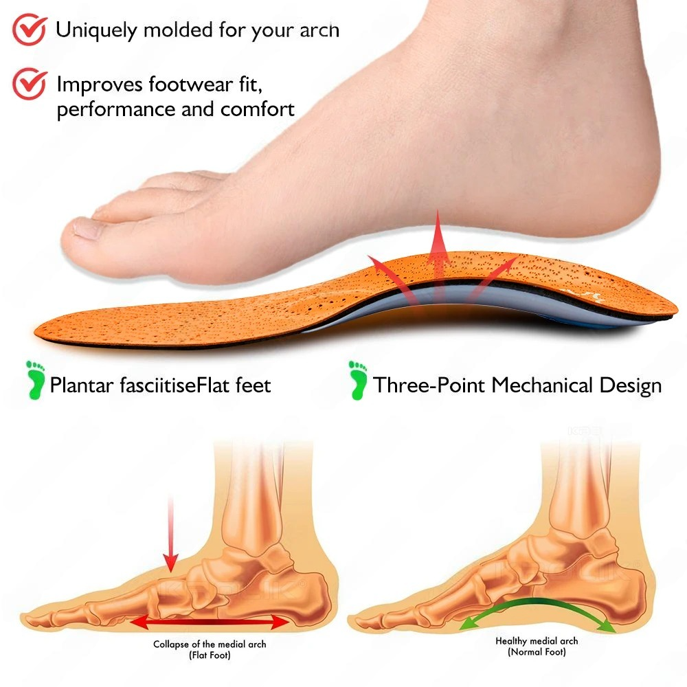 Orthotic Leather Insoles for Flat Feet and Arch Support - 3D Orthopedic Cushion for Men & Women