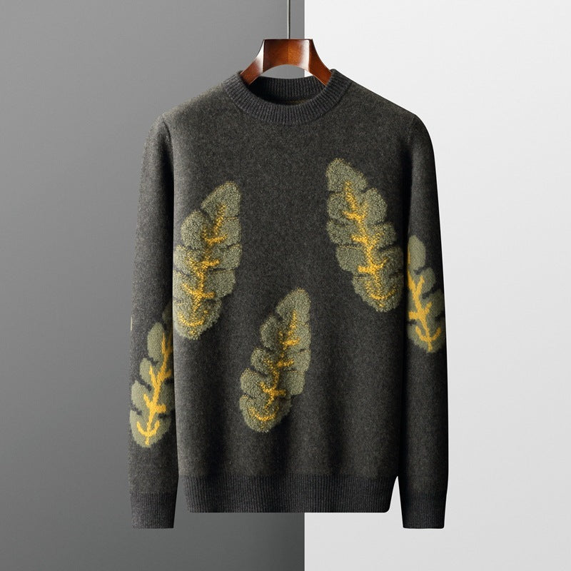 Woolen Sweater Men's Round Neck Loose Contrast Color Jacquard