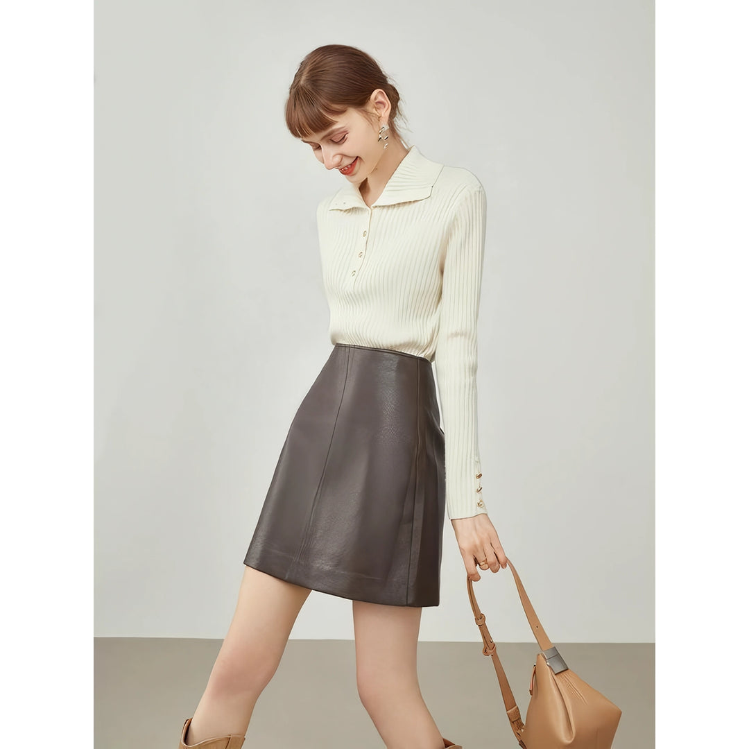 Women's High Waist Brown Leather Skirt