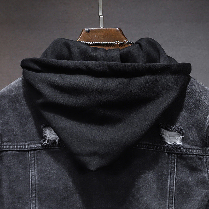 Men's Casual Jacket Hole Detachable Hooded Denim Jacket