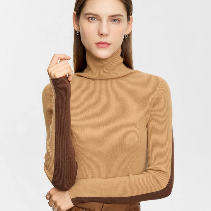 Minimalist Color Contrast Turtleneck Sweater for Women - Autumn Slim Fit Knitted Pullover