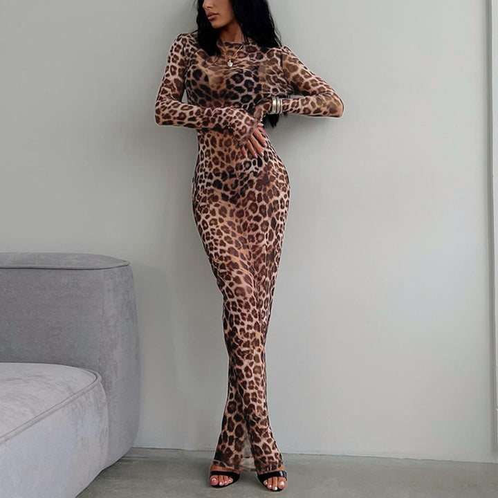 Sexy Wild Leopard Print Long Dress Round Neck Long Sleeve