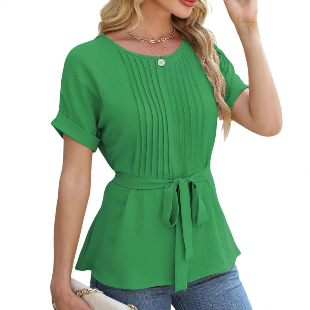 Casual Shirt Ruffled Pleated Round Neck Short Sleeve Top