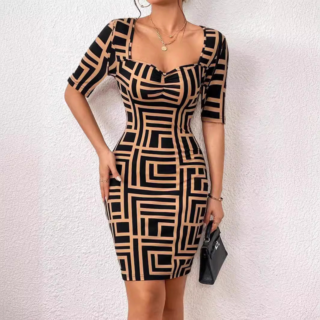 New Fashion Printed Square Collar Waist-tight Mid-sleeve Dress